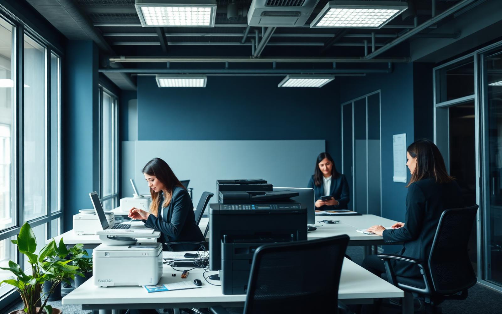 Équipe DT Informatique dans des bureaux équipés de téléphonie et de systèmes d'impression